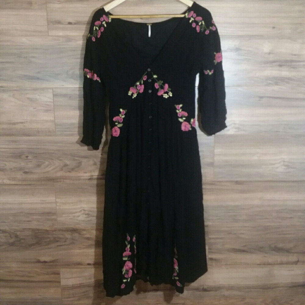 Free People Day Glow Black Embroidery Midi Dress